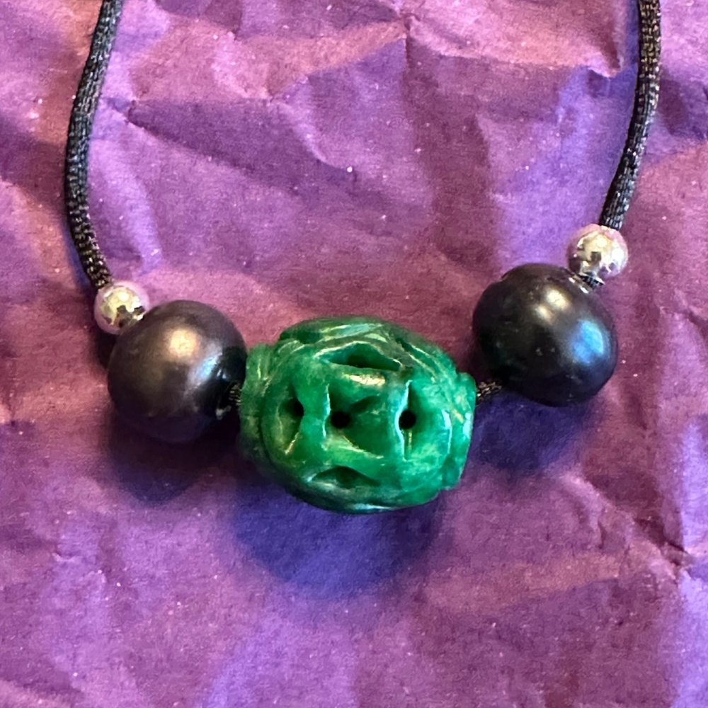 ARTISAN Jade & Black Pearls 26” Black Satin Nylon Cord Necklace